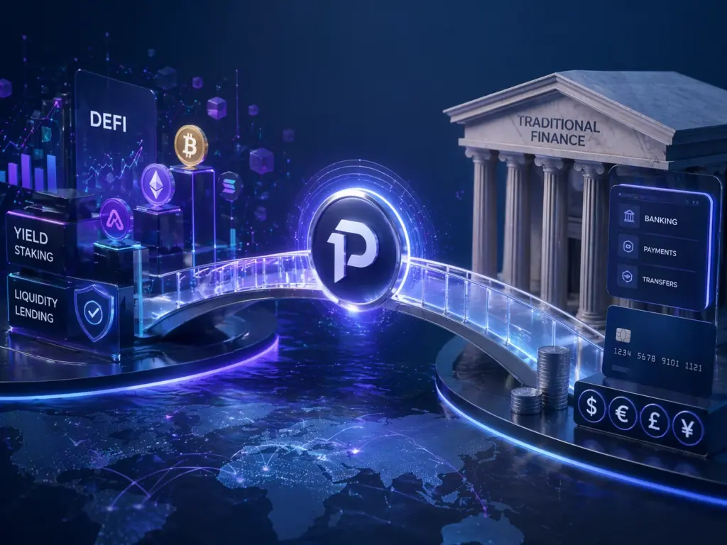 DeFi and traditional finance bridge concept with crypto assets, banking system, global transactions and unified financial platform interface