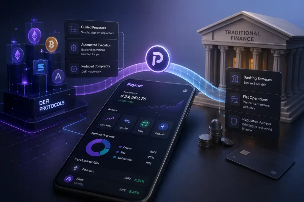 Hybrid fintech interface showing simplified DeFi user experience with automated processes, crypto assets, and traditional banking integration in one platform