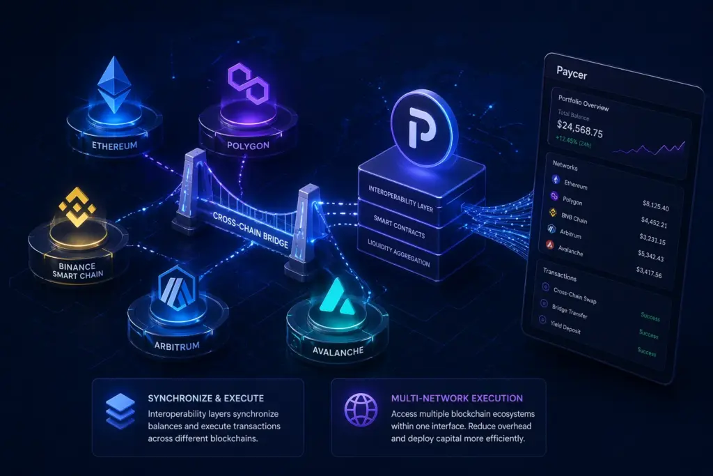 Cross-chain interoperability concept showing multiple blockchain networks connected via bridge, enabling seamless transactions, asset synchronization, and multi-network DeFi execution in one platform