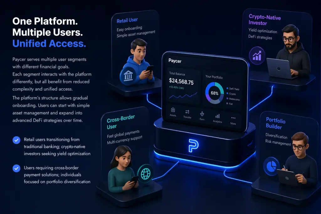 Fintech user segmentation illustration showing diverse user profiles including retail investors, crypto traders, and global payment users connected to a unified DeFi platform interface