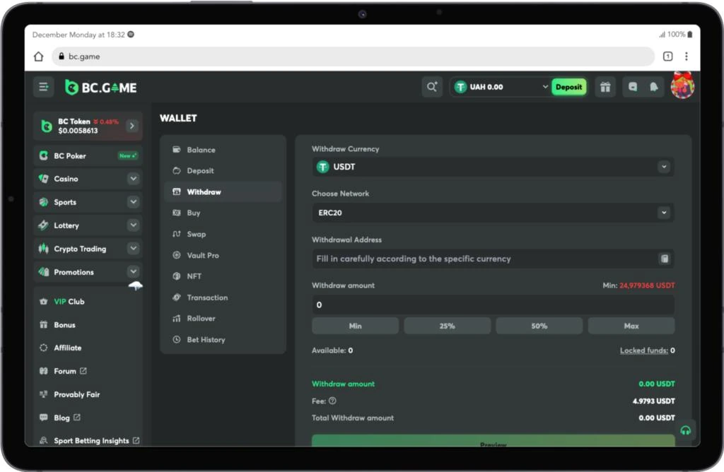 Bitcoin and USDT withdrawal screens showing wallet addresses and payment limits.